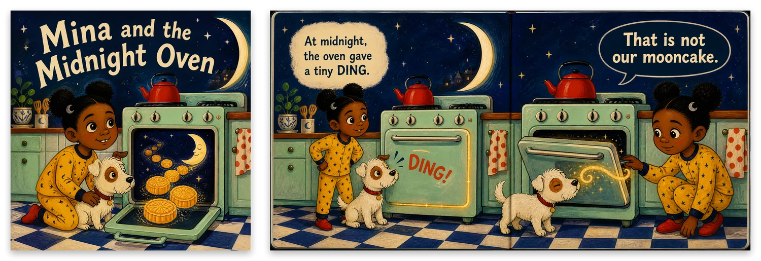 Mina and the Midnight Oven, made by Fablemora: its cover, and the book open at two of its pages