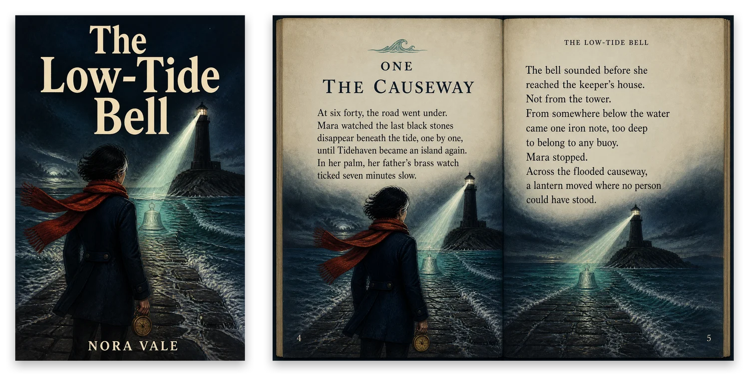 The Low-Tide Bell, made by Fablemora: its cover, and the book open at two of its pages
