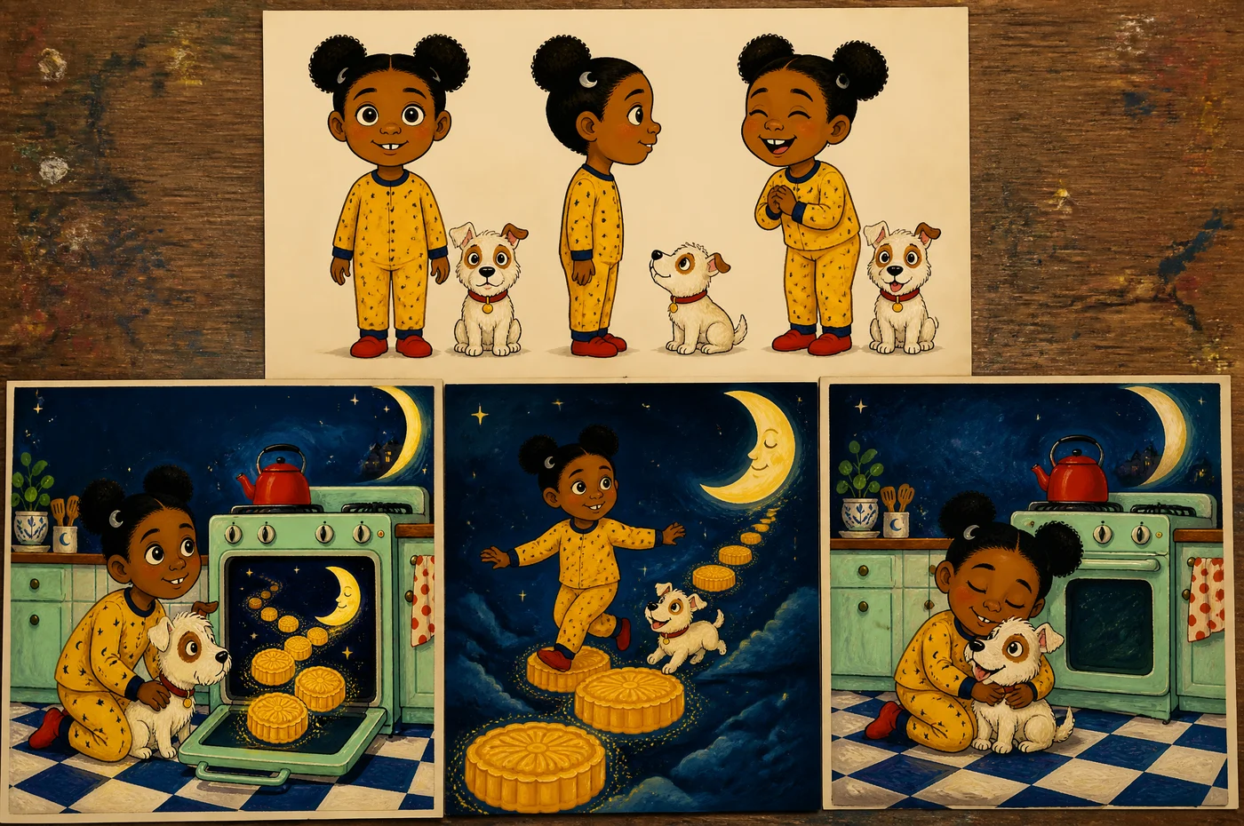 One character reference painting sits above three widely separated story pages in which Mina, Pip and their kitchen remain perfectly consistent.