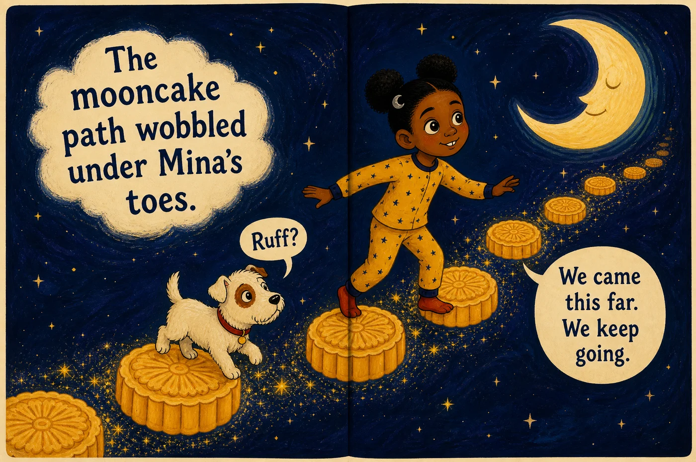 An open spread integrates large hand-lettered narration and speech balloons into the quiet sky around Mina and Pip.