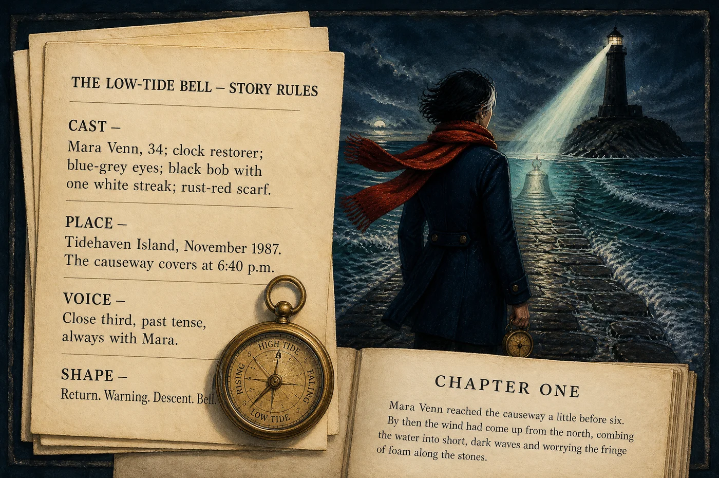 The book’s cast, island, narrative voice and plot shape are fixed on working leaves placed before its first manuscript page.