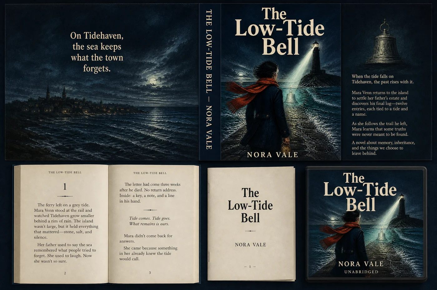The completed novel appears as a properly typeset bound book, a measured full cover wrap, a folded print signature and an unabridged audiobook edition.